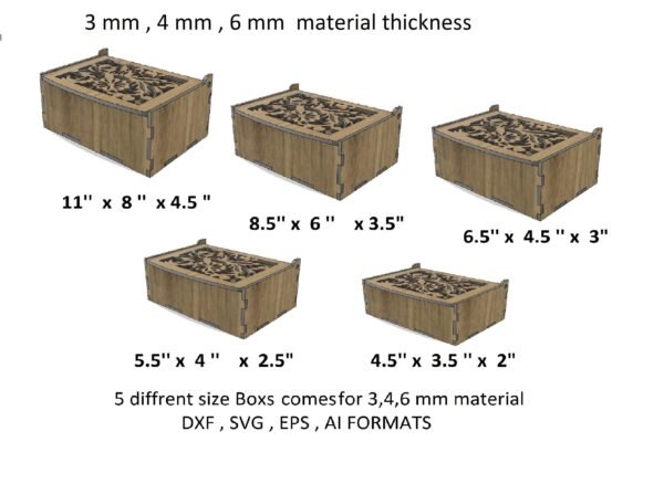 5 different sizes Christmas laser box svg file, Storage Box pattern, Birthday box, Mother’s Day Gift, Laser Box Flip Up Lid  3, 4, 6 mm k039